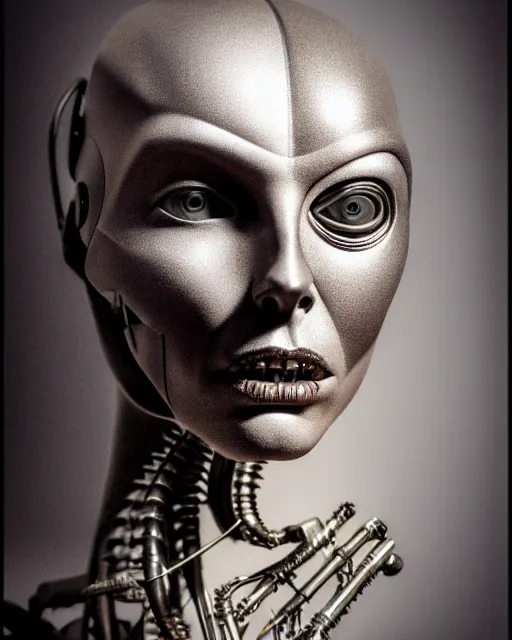 Prompt: a female cyborg profile face, by h. r. giger, by kiki smith, glamor shot, nikon d 7 5 0, closeup, f / 2. 8, low contrast, 1 6 k, rim lighting, cinematic lighting, insanely detailed and intricate, hypermaximalist, elegant, ornate, hyper realistic, super detailed