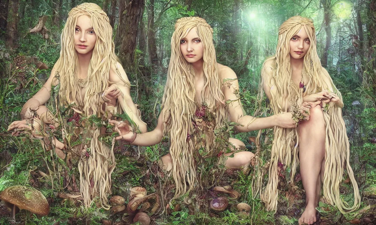 Prompt: beautiful blonde woman with plaits, forest fae, psychedelic mushrooms, magic, mystical, white witch, photorealistic, sacred geometry