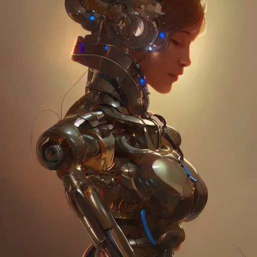 Image similar to ultra realistic illustration, manic robot girl, intricate, elegant, highly detailed, digital painting, artstation, concept art, smooth, sharp focus, illustration, award winning, art by artgerm and greg rutkowski and alphonse mucha