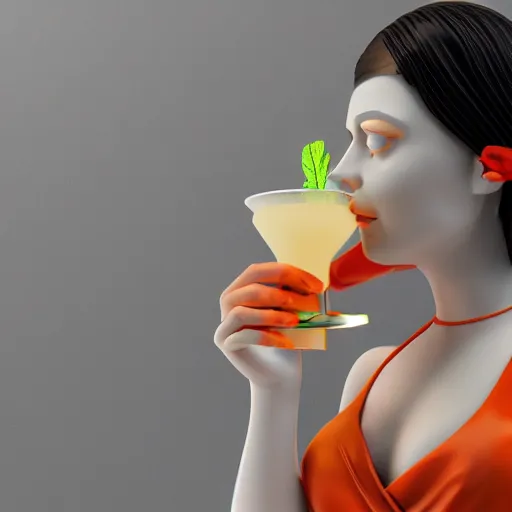 Image similar to a 3 d model of a white marble human head holding a coctail, colorful coctail, digital illustration, 3 d render, above the waist