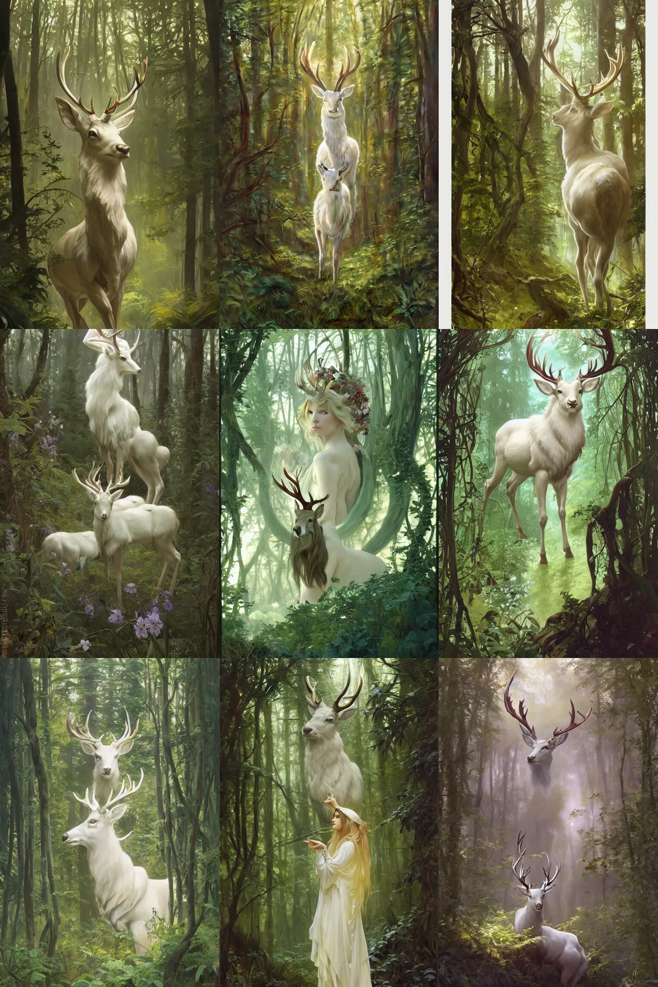 Prompt: Magical White Stag in the distance, lush green deep forest, cold light, art nouveau, 4K, character concept art, oil painting, digital painting, painterly, trending in artstation, cgsociety, by Alphonse Mucha, Artgerm, Greg Rutkowski, Tom Bagshaw, Sargent