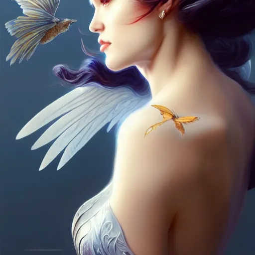 Prompt: 3 / 4 view of a portrait of beautiful woman with wings, confident pose, pixie, genshin impact, high quality, intricate, elegant, sharp focus, illustration, highly detailed, concept art, matte, trending on artstation, art by wlop and artgerm and greg rutkowski, h 6 4 0