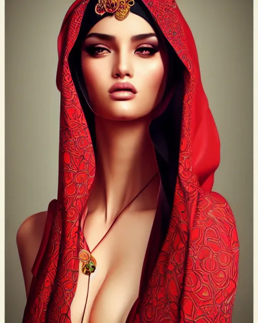 Image similar to richly detailed color illustration of very very very very very beautiful Arab fashion model illustrated by Artgerm and Mina Petrovic and Timothy Kong and Marina Federovna. 3D shadowing
