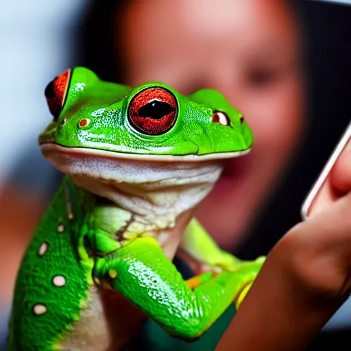 Prompt: super cute smiling green tree frog wearing a tiara and taking a selfie on a fashion show, photo realistic, matte image