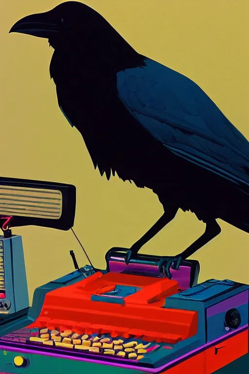 Image similar to a raven digging through 8 0 s era technology, vintage shapes, retro technology, happy color, wayne barlow, oil on canvas, deep depth of field, masterpiece, cinematic composition, hyperdetailed