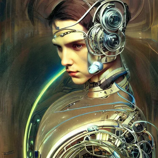 Prompt: portrait of a beautiful male android, coy, circuitry visible in head, in the style of ex machina, karol bak, alphonse mucha, greg rutkowski, award winning, hr giger, artstation