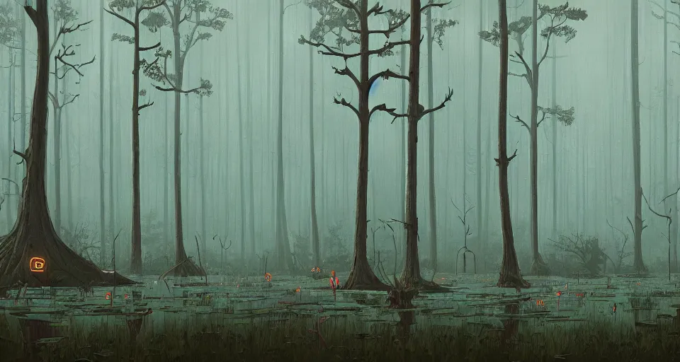 Image similar to A fantastic forest with a swamp, by simon stalenhag