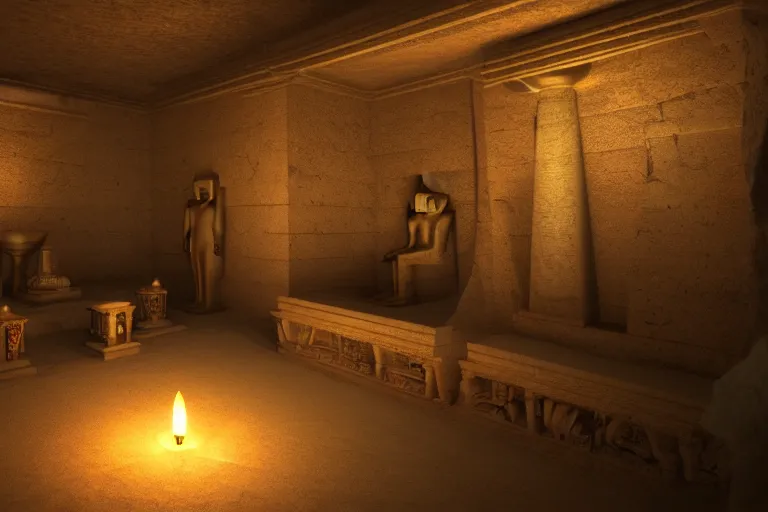 Prompt: a room full of treasure in an egyptian tomb, candlelit, volumetric light, highly detailed, trending on artstation