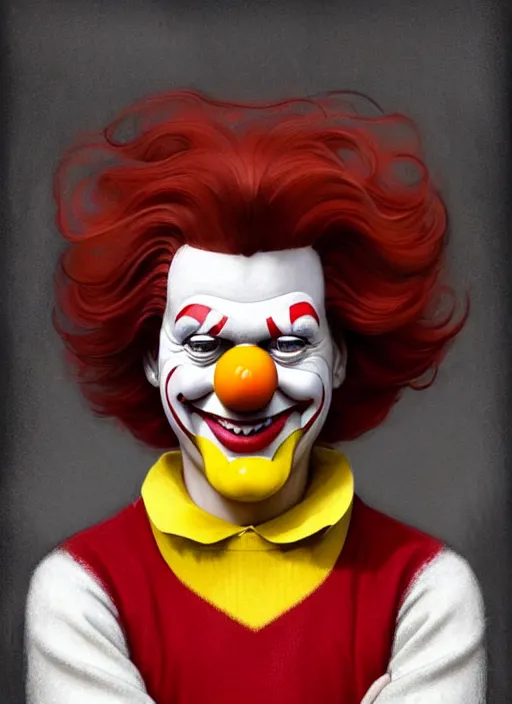 Prompt: close up portrait of ronald mcdonald, red nose and hair, yellow jumper, white collar with red and white striped sleeves by artgerm, cushart krenz, greg rutkowski, mucha. art nouveau. gloomhaven, swirly lunar ripples, pale colors, sharp edges. ultra clear detailed. 8 k. elegant, intricate, octane render