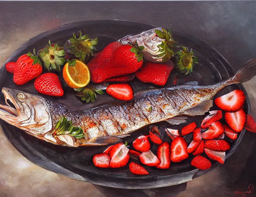 Image similar to a grilled whole fish served with strawberries. this oil painting by the award - winning mangaka has a beautiful composition, great sense of depth, dramatic lighting and intricate details.