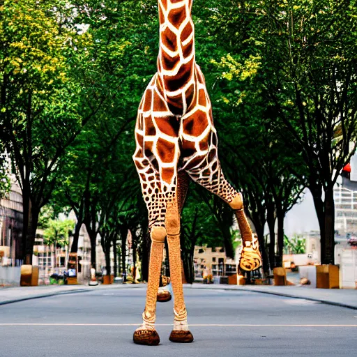 Prompt: a giraffe in ballet suit standing in the center of city