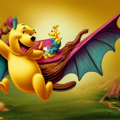 Image similar to Winnie the Pooh riding a flying parakeet dragon, the wings are made of pizza, budgie bird, high resolution photo