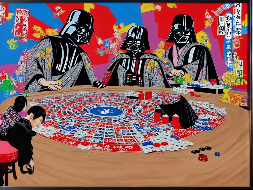 Image similar to hyper - realistic composition of a large room with an extremely detailed poker table in the center, woman in traditional japanese kimono standing nearby, darth vader sitting at the table, fireworks in the background, pop art style, jackie tsai style, andy warhol style, acrylic on canvas, dull palette