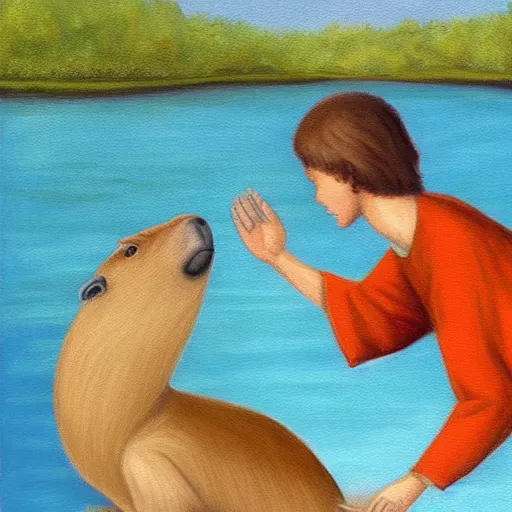 Image similar to real painting of jesus petting a capybara at the river, old painting ultra realistic image