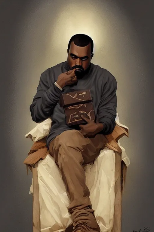 Image similar to depressed cottagecore kanye west holding a adiads shoebox. intricate, elegant. highly detailed, digital painting, artstation, concept art, smooth, sharp, focus, illustration. . art by artgerm and greg rutkowski and alphonse mucha