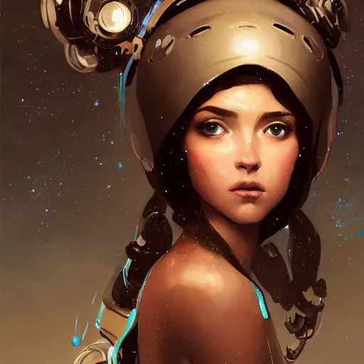 Image similar to portrait of a beautiful cute girl with robot ears by greg rutkowski, 4k, intricate details, coffee and stars background