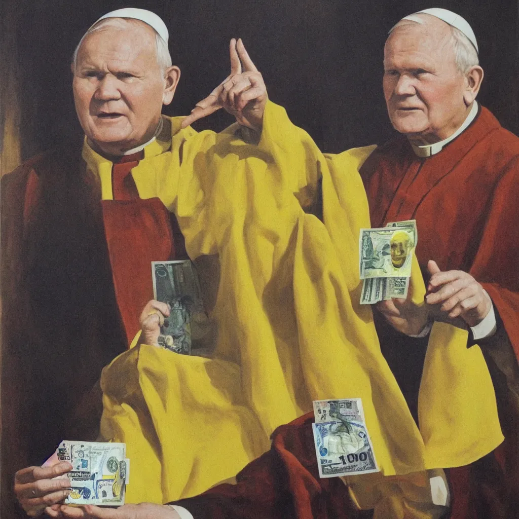 Prompt: Painting of John Paul II with a yellow face holding a 100 dollar bill in his hand