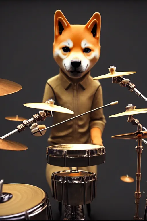 Image similar to high quality 3 d render very cute cyborg shiba inu plays drums!, cyberpunk highly detailed, unreal engine cinematic smooth, in the style of blade runner & pixar, hannah yata charlie immer, moody light, low angle, uhd 8 k, sharp focus