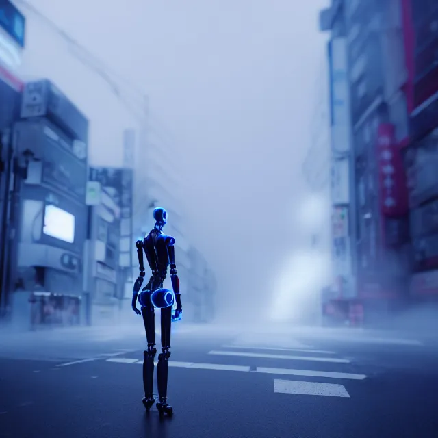 Image similar to robot woman approaching, detailed face, shibuya prefecture, cinematic lighting, fog mist smoke, photorealistic, night photography, octane render by tomino - sama