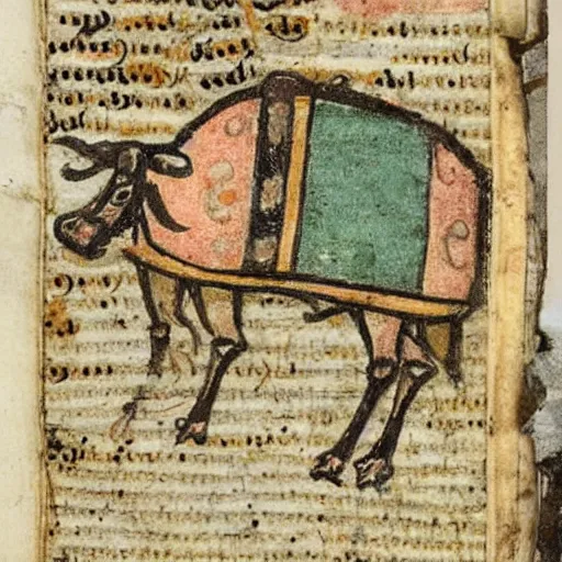 Image similar to a bad drawed cow mix of a seafish in a medieval manuscript, medieval manuscript, golden miniatures