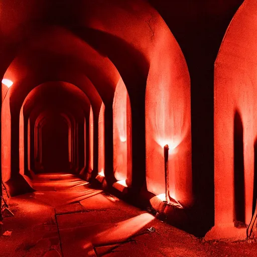 Image similar to A dark hallway made of red sandstone lit up by primitive torches. Red hooded figures stand next to the torches. With there faces hidden by shadow.