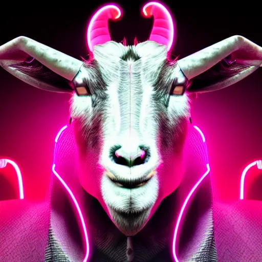 Prompt: synthwave demonic goat face with neon horns, detailed face, sharp focus, synthwave art, aesthetic, octane render, raw, cinematic