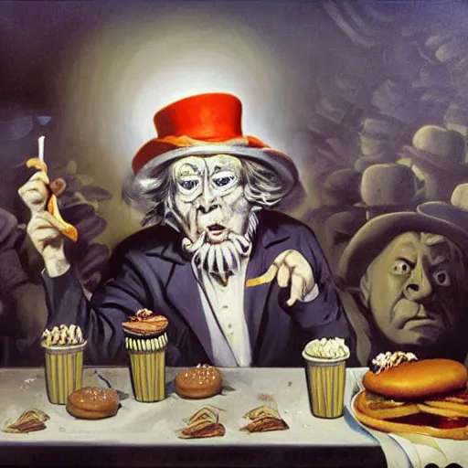 Image similar to surreal grotesque kitsch low-brow propaganda Uncle Sam emerging from deep shadows eating hamburgers, extra onions and ketchup, luscious patty with sesame seeds, figure in the darkness, serving big macs, french fry pattern ambience, holocaust background, Francisco Goya, painted by John Singer Sargant, Adrian Ghenie, style of Francis Bacon, highly detailed, 8k, trending on artstation