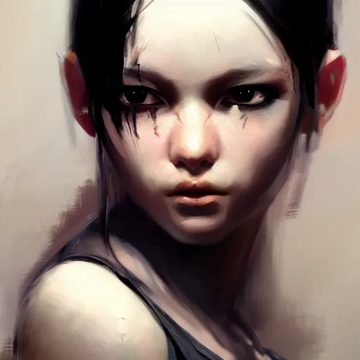 Image similar to a cute girl by ruan jia, 8 k, closeup headshot, smooth, trending on artstation, black long hair, black eyes, movie poster style