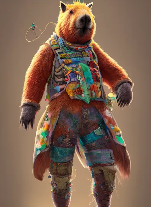 Prompt: detailed full body concept art illustration colorful pastel painting of an anthropomorphic capybara cowboy in full intricate clothing, biomutant, ultra detailed, digital art, octane render, 4K