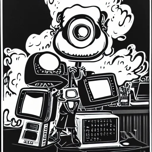 Image similar to a black and white photograph of a man destroying a computer until it sparks, by gary baseman, by robert crumb, by jim henson, photorealistic, surreal, high contrast, film photography