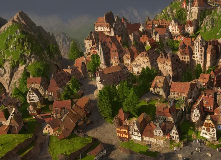 Image similar to ! dream a [ medieval ]!! german village with people selling various items, sitting on stiffly vivacious mountain ridges, trending on artstation, 4 k quality, polycount