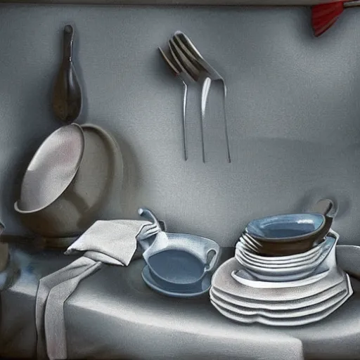 Image similar to the pile of dirty dishes in the sink, in style of surrealism, 4k ultra details, hyper realism,