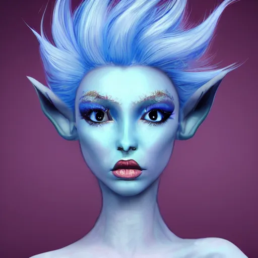 Image similar to Elf with blue skin, alien skin, blue elf, blue, blue-skinned elf, green hair, glam hair, hairspray, big hair, wild hair, 80s hair, glam make-up, 80s, illustration, fantasy art, trending on ArtStation, 1980s fantasy art