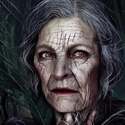 Image similar to fantasy portrait of an energetic old woman with silky, cloudy grey hair, black scars on her face, swamp vegetation in the background, nocturnal palette, dramatic lighting, cinematic, establishing shot, extremely high detail, photo realistic, cinematic lighting, post processed, concept art, artstation, matte painting, style by eddie mendoza, raphael lacoste, alex ross