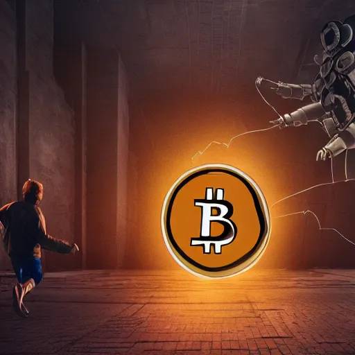 Prompt: people running away scared from a giant with bitcoin head, cinematic, sci-fi art, hyper-realistic, 8k