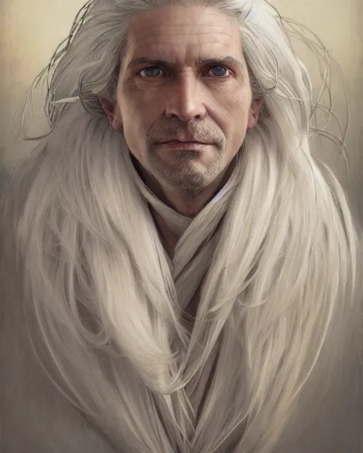 Image similar to portrait of 4 0 - year - old man with white hair with a pale complexion, pointed face and grey eyes, clear smooth face, no beard wearing black clothes, hyper realistic face, beautiful eyes, close up, fantasy art, in the style of greg rutkowski, intricate, alphonse mucha, hyper detailed, smooth