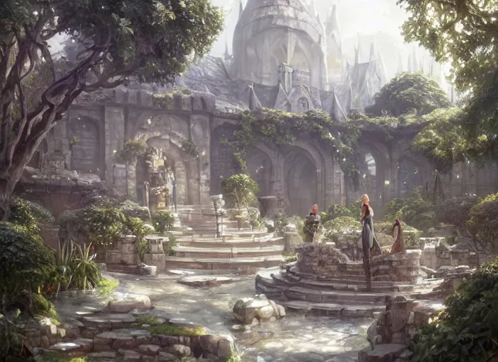 Image similar to Blacksmith inside a beautiful elven city made of white marble, anime, lush trees, fountain, a fantasy digital painting by Greg Rutkowski and James Gurney, trending on Artstation, highly detailed