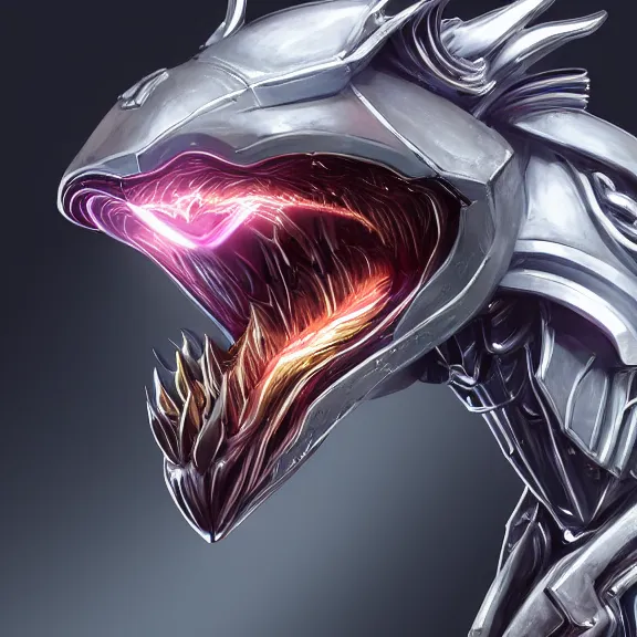 Image similar to close up mawshot of a cute elegant beautiful stunning anthropomorphic female robot dragon, with sleek silver metal armor, glowing OLED visor, facing the camera, the open maw being highly detailed and soft, with a gullet at the end, food pov, micro pov, vore pov, digital art, pov furry art, anthro art, furry, warframe art, high quality, 3D realistic, dragon mawshot, maw art, macro art, micro art, dragon art, Furaffinity, Deviantart, Eka's Portal, G6
