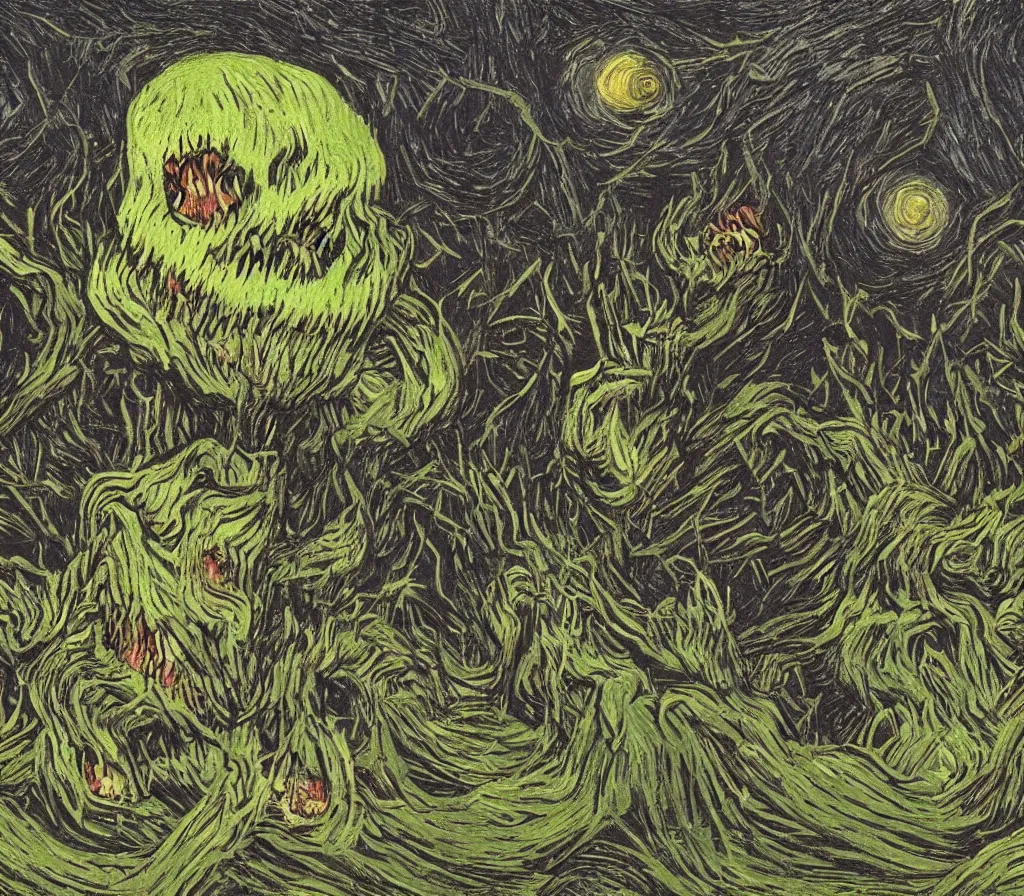 Image similar to a terrifying stawbery monster with sharp teeth in a glowing swamp in the style of van gogh, heavenly, pastel, cute, dark, scary, eerie, trending on artstation, digital art.