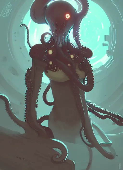 Image similar to portrait of cute octopus tentacle space girl, warhammer, cyberpunk by atey ghailan, by greg rutkowski, by greg tocchini, by james gilleard, by joe gb fenton, by in kaethe butcher, dynamic lighting, gradient light blue, brown, blonde cream and white color in scheme, grunge aesthetic, black background