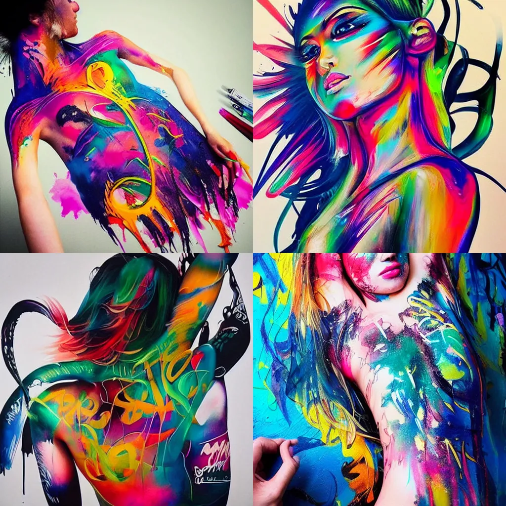 Prompt: “modern calligraphy art, Body art on a beautiful girl, caligrafiturism style, multi-layered artworks, abstract, oil paint, nitro paint, spray paint, Acrylic paint, high quality photography”