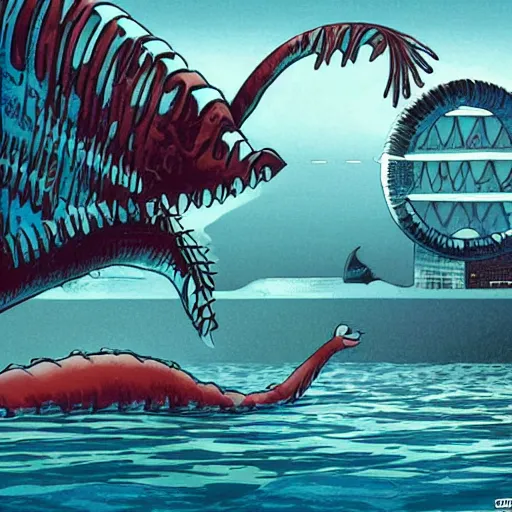 Prompt: the loch ness monster swimming through a retrofuturistic atompunk underwater city