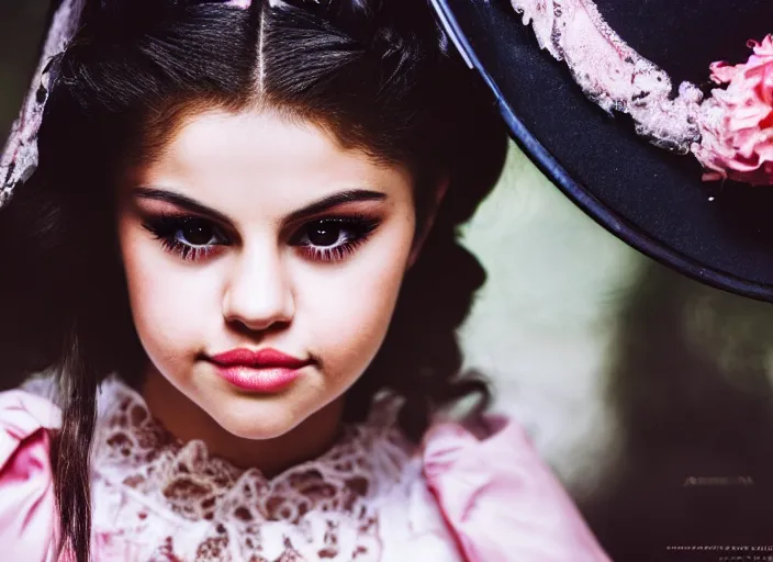 Prompt: closeup portrait of selena gomez wearing adorable victorian gothic lolita fashion, portra 4 0 0 candid photograph portrait by annie leibovitz, 3 5 mm macro shot, f / 3 2, hyperrealistic, cinematic lighting, hd wallpaper, 8 k, 4 k