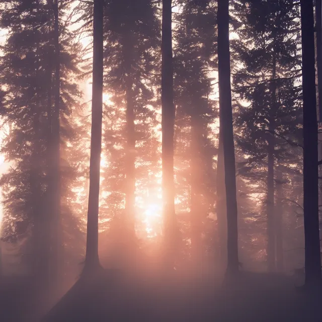 Prompt: the silhouette of a man standing in a foggy specific Northwest forest at dawn Sunbeam shining through the clouds ultrarealistic 4K