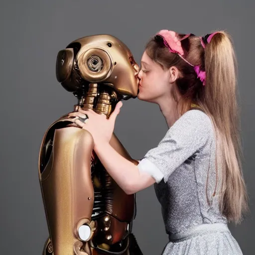 Image similar to photo of humanoid robot kissing a beautiful girl colour