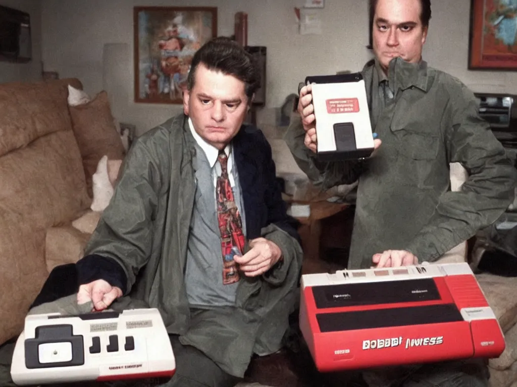 Image similar to bob from twin peaks with a nes video game console