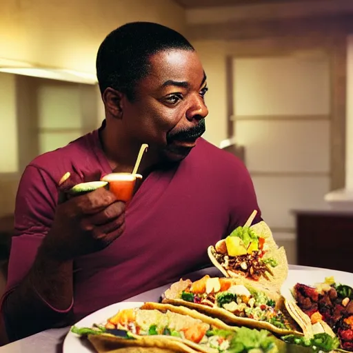 Prompt: levar burton eating tacos in a bathroom, ultra realistic, digital art, rich deep colors, smooth shadows, high resolution, cinematic