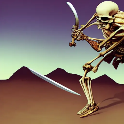 Prompt: skeleton warrior fighting with anamorphic shawarma with swords