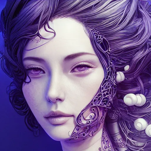 Image similar to the portrait of a blueberry that resembles an absurdly beautiful, graceful, elegant, sophisticated woman, an ultrafine hyperdetailed illustration by kim jung gi, irakli nadar, intricate linework, bright colors, octopath traveler, final fantasy, unreal engine 5 highly rendered, global illumination, radiant light, detailed and intricate environment