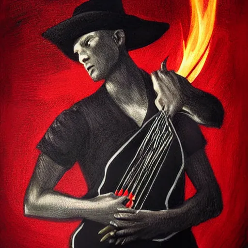 Prompt: black white red realistic painting on black paper, folkloric illustration , the fire guitar player , tarot by Andreas Rocha